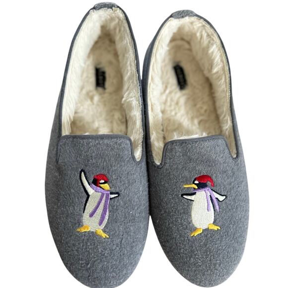 Talbots Grey Embroidered Winter Penguin Faux Fur Lined Loafer Slipper - Picture 1 of 8